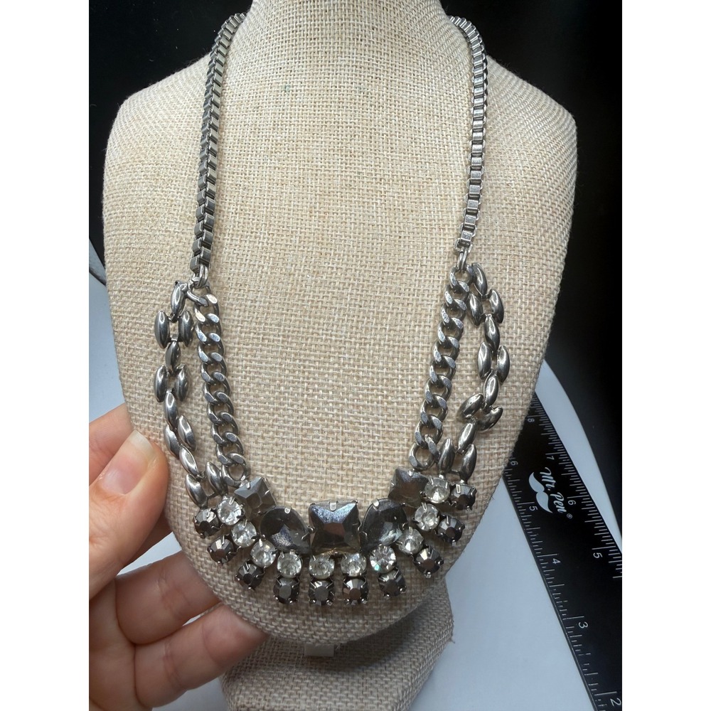 Loft Silver Tone Rhinestone Statement Necklace Chunky Chain Bib Smoky Grey Clear